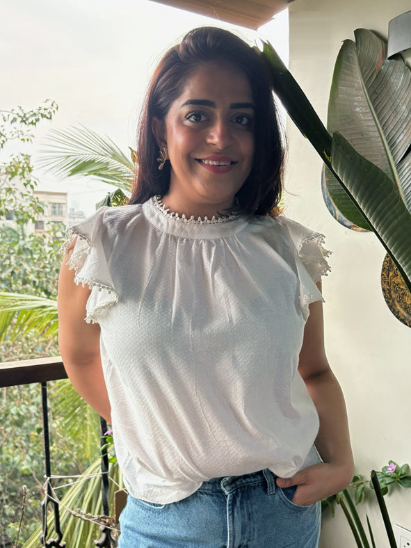 Lace Trimmed Flutter Sleeve Top